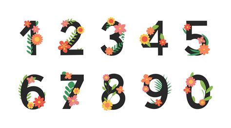 Floral numbers. Digit set with flowers, leaves and branches. Colorful ...