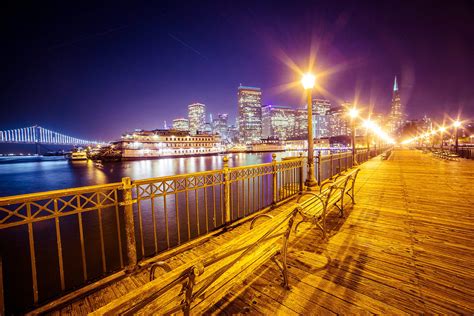 Old Pier and San Francisco Skyline with Bay Bridge at Night Free Stock ...