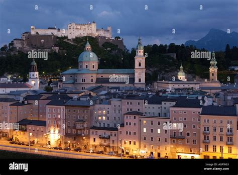 Night view of Salzburg old town with Hohensalzburg fortress at the ...