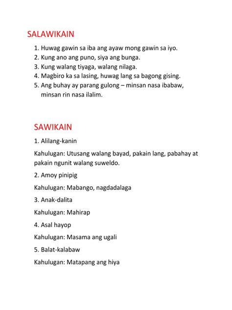 Salawikain, Sawikain, Kasabihan | PDF