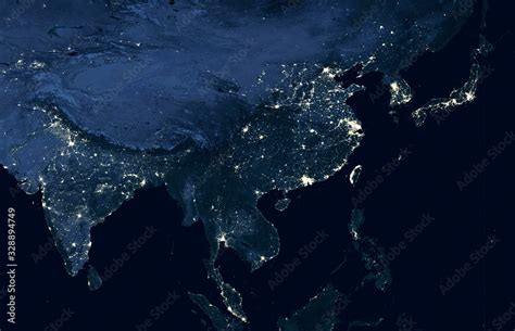 Earth at night, world map on satellite photo. City lights showing human ...