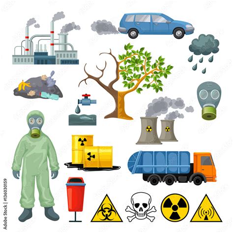 Cartoon Environmental Pollution Icons Set Stock Vector | Adobe Stock