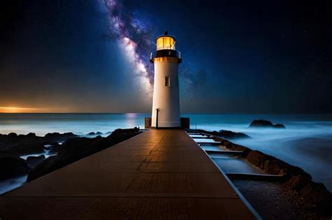 Premium Photo | A lighthouse is lit up at night with the ocean in the ...