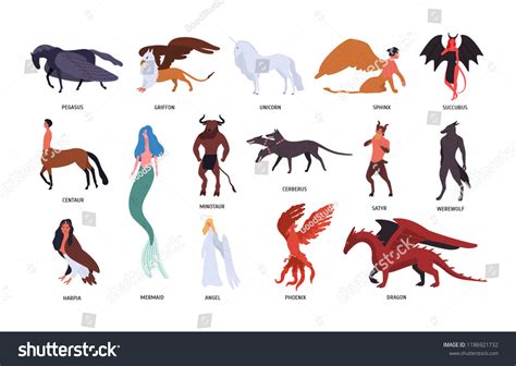 Collection Various Magical Mythical Creatures Isolated: เวกเตอร์สต็อก ...