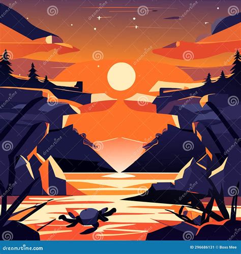 Sunset in the Mountains. Vector Illustration in Flat Cartoon Style ...