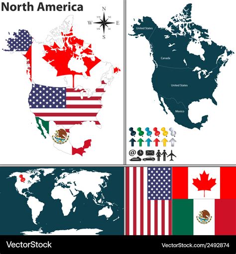 North america map with regions and flags Vector Image