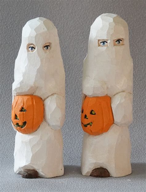 Halloween Wood Carvings Pair Hand Carved Halloween - Etsy