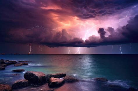 Premium AI Image | Lightning illuminating dark storm clouds over ocean ...