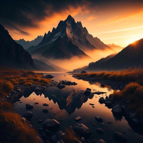 Premium Photo | Sunset over a mountain lake wallpaper