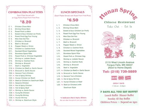 Menu at Hunan Spring Restaurant, Fergus Falls