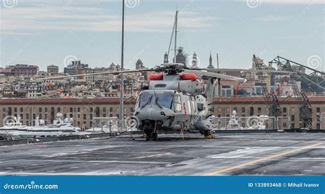 Military Helicopter on the Deck of an Aircraft Carrier Stock Photo ...