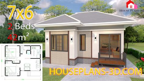 House Plans Design 7x6 with 2 Bedrooms Hip Roof - House Plans 3D