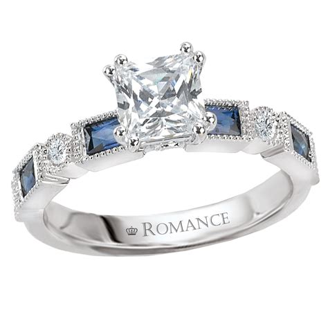 Ladies Engagement Ring - Sapphire & Diamonds - Princess Cut