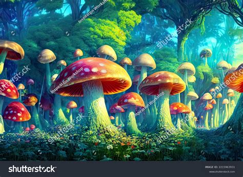 Glowing Giant Mushroom Forest Psychedelic Fantasy Stock Illustration ...