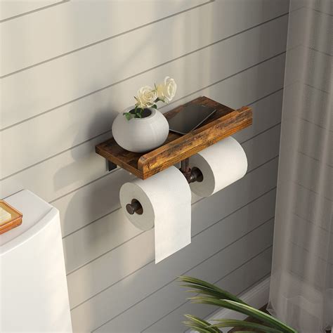 Rolanstar Wall Mounted Double Roll Toilet Paper Holder with Wood Shelf