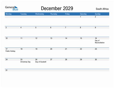 Editable December 2029 Calendar with South Africa Holidays