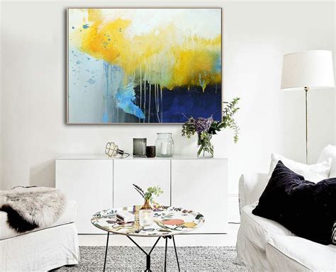 Deep Blue Abstract Canvas Painting, Large Yellow Painting,Minimalist ...