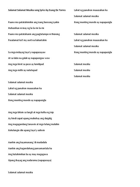 Salamat Salamat Musika Song Lyrics by Esang de Torres | PDF