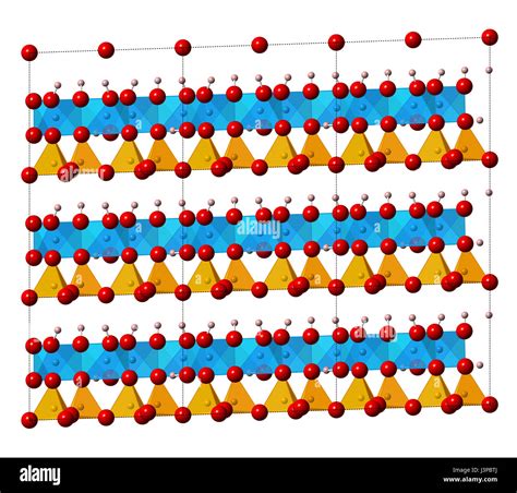 Kaolinite clay mineral, crystal structure. Shown as mixed spheres ...