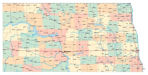 Laminated Map Large Detailed Administrative Map Of North Dakota State ...