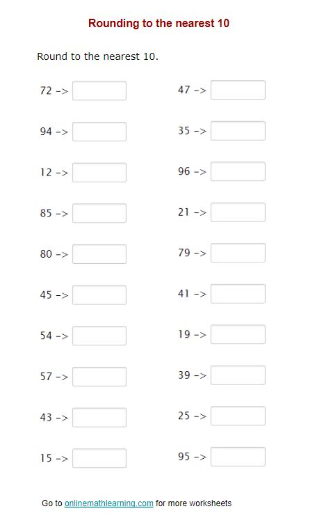 Round to the nearest 10 Worksheets (First Grade, printable)