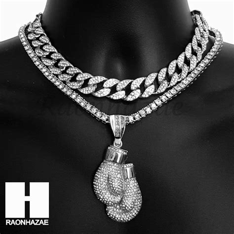 Hip Hop Iced Out Silver Boxing Glove Miami Cuban Choker Tennis Chain ...