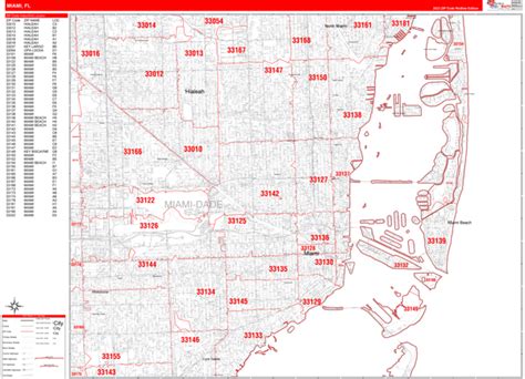 Miami Florida Zip Code Wall Map (Red Line Style) by MarketMAPS - MapSales