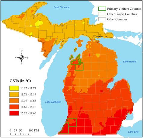 | Map of Michigan showing long-term (1983-2019) mean temperatures in ...