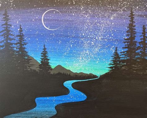 an acrylic painting of a night sky with stars and the moon over a river