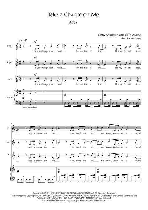 Take A Chance On Me (arr. Karen Ivana) by ABBA Sheet Music for SSA ...