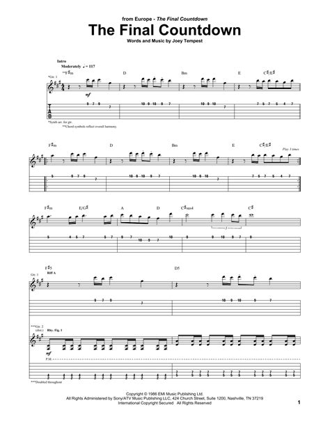 Final Countdown by Europe Sheet Music for Guitar Tab at Sheet Music Direct