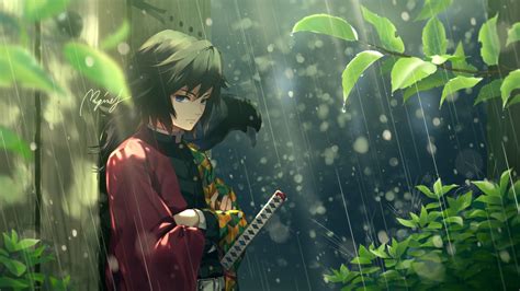 Demon Slayer Giyuu Tomioka Standing On Rain Around Plants HD Anime ...