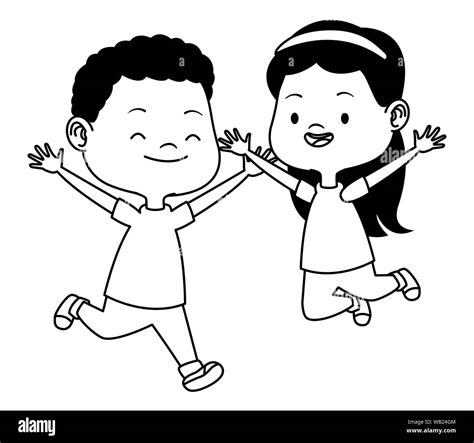 Cute happy kids having fun cartoons in black and white Stock Vector ...