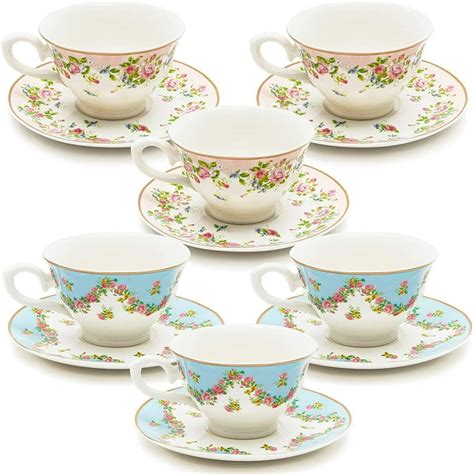 Floral 8 oz Tea Cups and Saucers Set of 12 for Tea Party Supplies ...