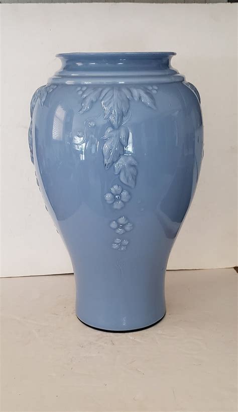 Large Blue Glass Floor Vase With Relief Flower and Leaf Design - Etsy