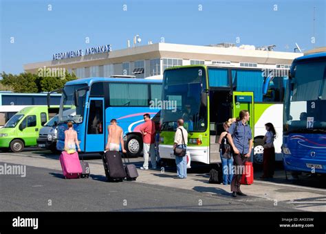 Coaches for arrivals and departures at Larnaca Airport on the Stock ...