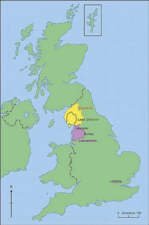 Map of the UK showing the English Lake District and counties of ...