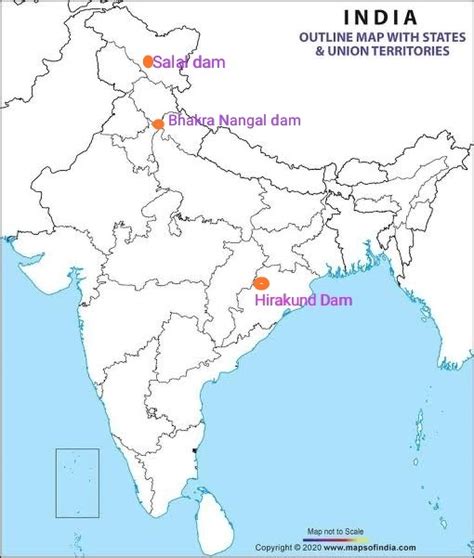 Locate the position of the following dams on a political map of India a ...