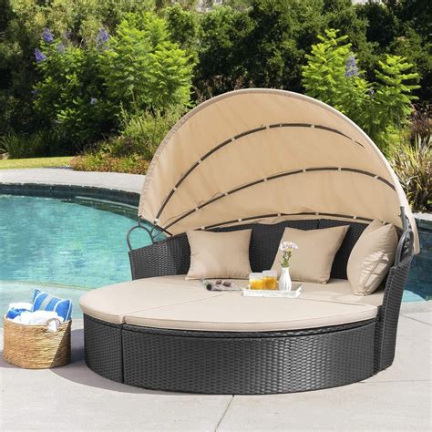 Furniwell Round Outdoor Daybed with Canopy, Wicker Patio Canopy Daybed ...