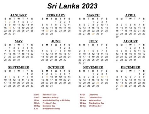 Sri Lanka 2023 Calendar with Holidays | Your Printable Calendar