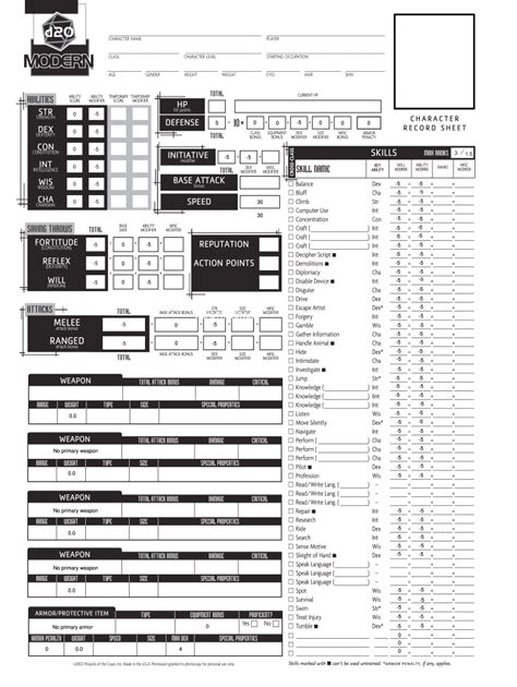 Character Sheet | D20 Modern Wiki | Fandom