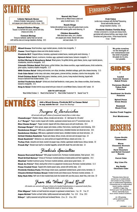 Menu at Firebirds Wood Fired Grill pub & bar, Bartlett, US-64