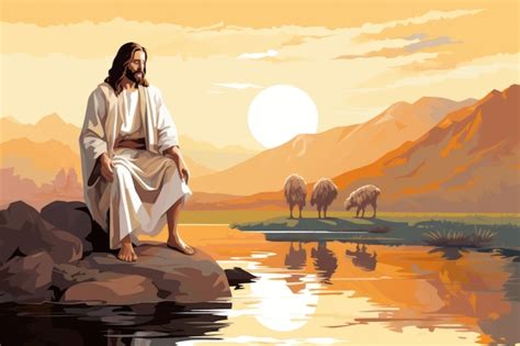 Premium AI Image | a painting of jesus sitting on a rock by the water