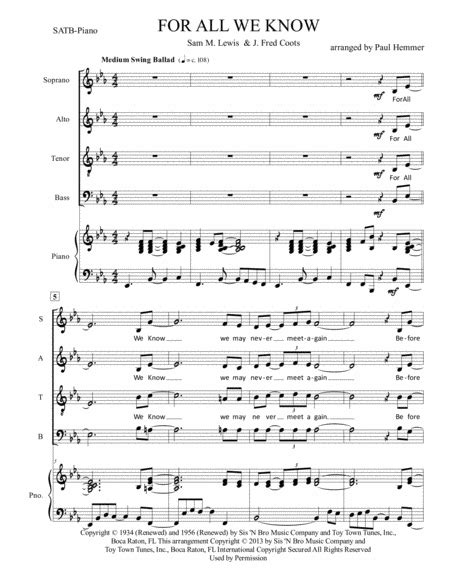 For All We Know (arr. Paul Hemmer) Sheet Music | J. Fred Coots | SATB Choir