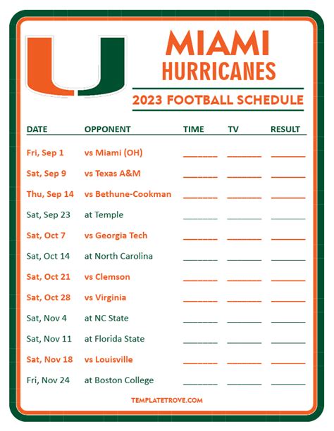 Printable 2023 Miami Hurricanes Football Schedule