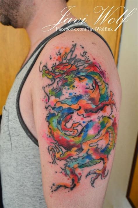 Rainbow colored Asian dragon tattoo on shoulder by Javi Wolf in ...