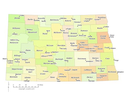 State of North Dakota County Map with the County Seats - CCCarto