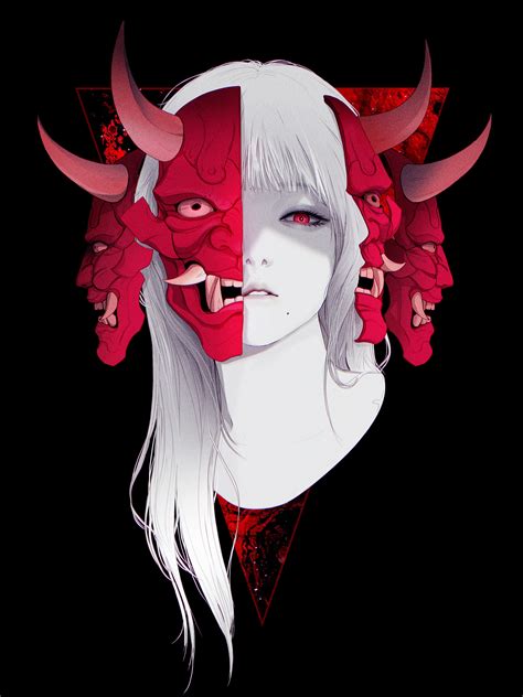 Gharliera Anime Girls Anime Horns Demon Horns Mask Red Eyes Black ...