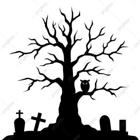 Spooky Tree Vector Art PNG, Spooky Tree Silhouette With Owl And Graves ...