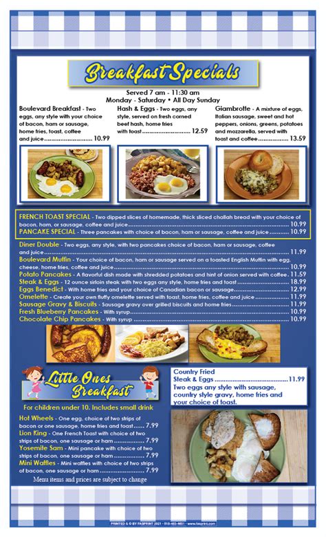 Boulevard Diner Breakfast Menu | Fasprint Menus